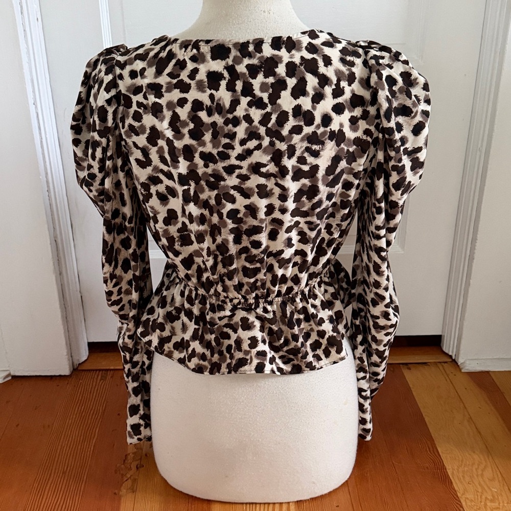 Topshop Puff Sleeve Animal Print Peplum Blouse Size 8 - Picture 5 of 7